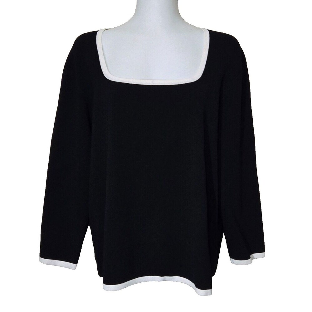 Chicos Design Top Womens 3 or XL Black White Trim Square Neck Knit Blouse